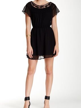NWT WANT AND NEED Black Crochet Neck Dress with Sheer Cap Sleeves—Extra Small